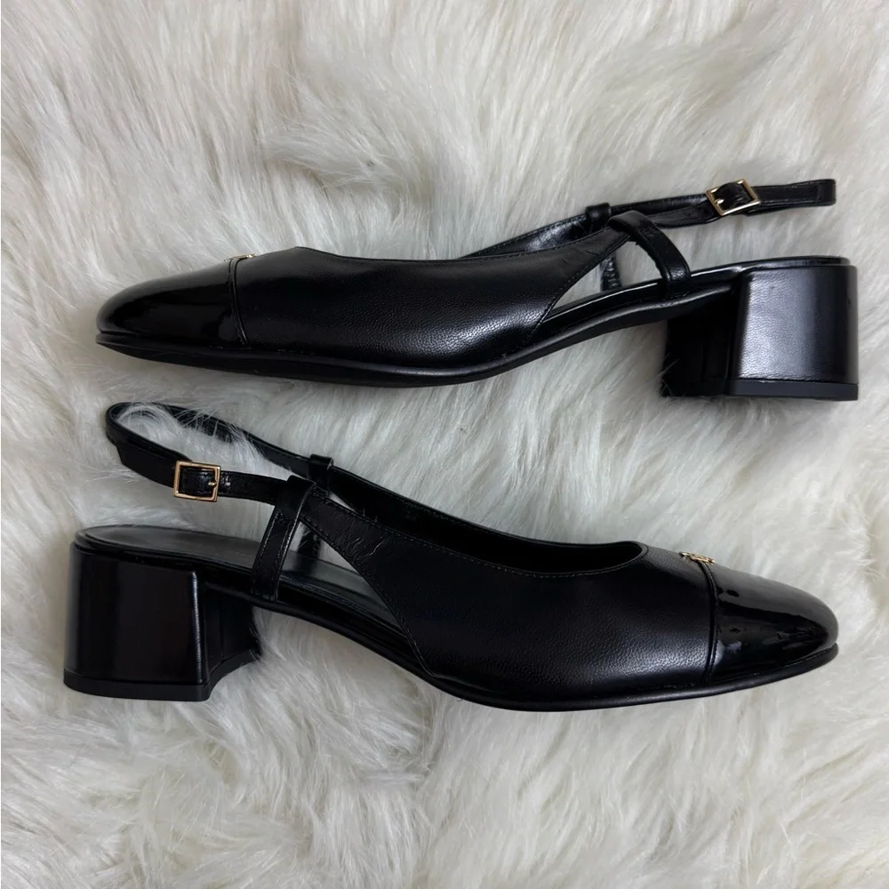 New Tory Burch Cap Toe Slingback Sandals Perfect Black 45 MM